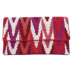 Pink Fuchsia White Chevron Abstract Waves Glass Beaded Clutch Crossbody Handbag